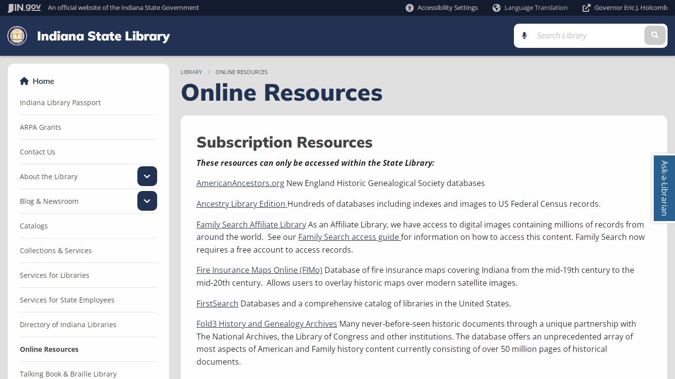 Online Resources - Indiana State Library